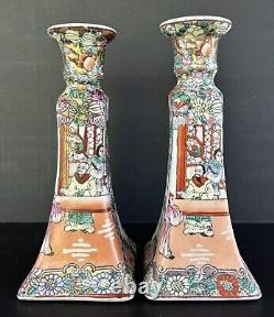 Famille Rose Candlesticks Flowers People Chinese Hand Painted Porcelain