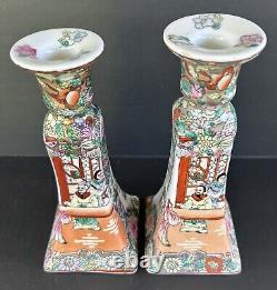 Famille Rose Candlesticks Flowers People Chinese Hand Painted Porcelain