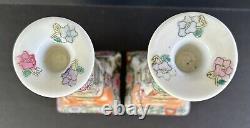 Famille Rose Candlesticks Flowers People Chinese Hand Painted Porcelain