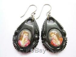 Fine Antique Victorian Whitby Jet Earrings With Hand Painted Porcelain Plaques