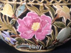 Fine Antique Zsolnay Pecs Hungary Porcelain Hand Painted Reticulated Floral Bowl