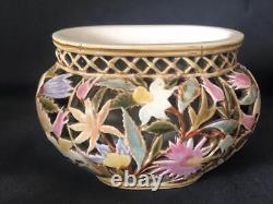 Fine Antique Zsolnay Pecs Hungary Porcelain Hand Painted Reticulated Floral Bowl
