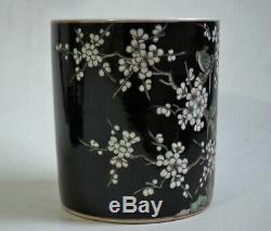 Fine Chinese Ancient Black Glazed Porcelain Magpie And Plum Flowers Brush Pot