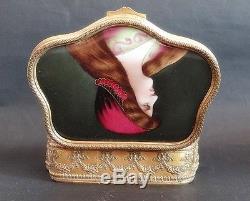 French Bronze BOX Lady Miniature Hand Painted Antique Porcelain Plaque