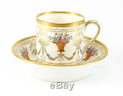 French Porcelain Hand Painted Floral Basket Cup & Saucer Gilt. 18th Century