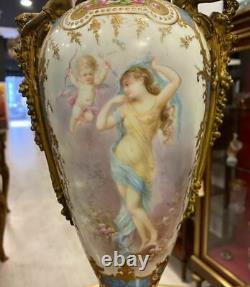 French Sevres Style Porcelain With Bronze Figure Girl Hands Painted Baby & Women
