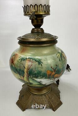 GORGEOUS VTG Hand-Painted Porcelain Brass Floral Table Lamp with Deer Forest Theme