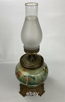GORGEOUS VTG Hand-Painted Porcelain Brass Floral Table Lamp with Deer Forest Theme