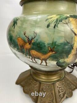 GORGEOUS VTG Hand-Painted Porcelain Brass Floral Table Lamp with Deer Forest Theme