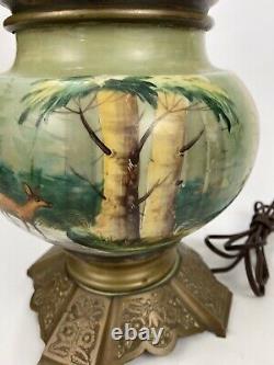 GORGEOUS VTG Hand-Painted Porcelain Brass Floral Table Lamp with Deer Forest Theme