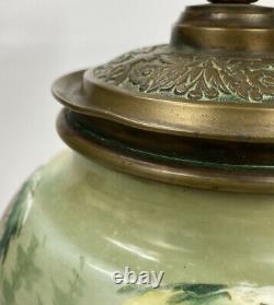 GORGEOUS VTG Hand-Painted Porcelain Brass Floral Table Lamp with Deer Forest Theme