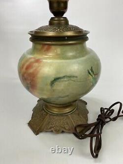 GORGEOUS VTG Hand-Painted Porcelain Brass Floral Table Lamp with Deer Forest Theme