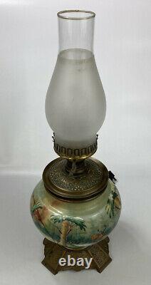 GORGEOUS VTG Hand-Painted Porcelain Brass Floral Table Lamp with Deer Forest Theme