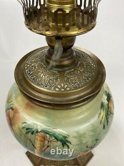 GORGEOUS VTG Hand-Painted Porcelain Brass Floral Table Lamp with Deer Forest Theme