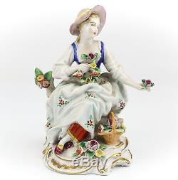 German Porcelain Figurine Woman Basket Flowers c1930 Hand Painted Carl Thieme