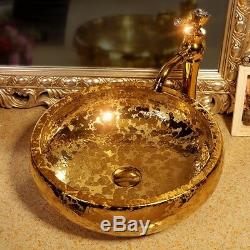 Gold Hand Painted Ceramic Porcelain Glazed Hotel Home Round Bathroom Sink