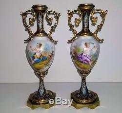 Gorgeous 19th C French Champleve Gilt Bronze Urns Hand Painted Porcelain Signed