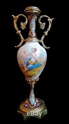 Gorgeous 19th C French Champleve Gilt Bronze Urns Hand Painted Porcelain Signed