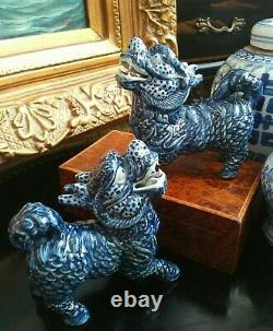 Gorgeous Blue White Chinoiserie Porcelain Qilin Foo Dog Dragon Lion Mantle Pair