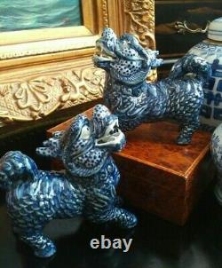 Gorgeous Blue White Chinoiserie Porcelain Qilin Foo Dog Dragon Lion Mantle Pair