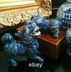 Gorgeous Blue White Chinoiserie Porcelain Qilin Foo Dog Dragon Lion Mantle Pair