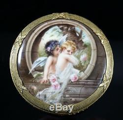 Gorgeous Hand Painted Porcelain Plaque Mounted in Round Ormolu Box