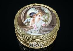 Gorgeous Hand Painted Porcelain Plaque Mounted in Round Ormolu Box