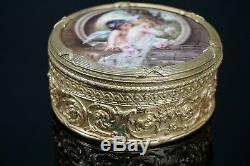 Gorgeous Hand Painted Porcelain Plaque Mounted in Round Ormolu Box