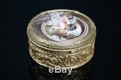 Gorgeous Hand Painted Porcelain Plaque Mounted in Round Ormolu Box