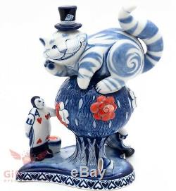 Gzhel Handpainted Porcelain Figurine Cheshire cat Rose bush Alice in Wonderland