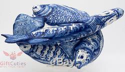 Gzhel Porcelain tureen soup bowl dish server cover in shape of fish hand painted 