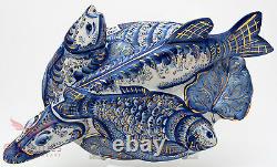 Gzhel Porcelain tureen soup bowl dish server cover in shape of fish hand painted