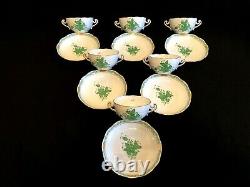 HEREND PORCELAIN CHINESE BOUQUET GREEN SOUP CUP AND SAUCER 718/AV (6pcs.)