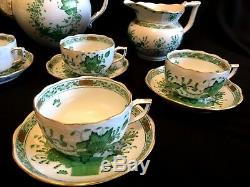 HEREND PORCELAIN HANDPAINTED INDIAN BASKET GREEN TEA SET FOR 6 PERSONS(17. Pcs.)