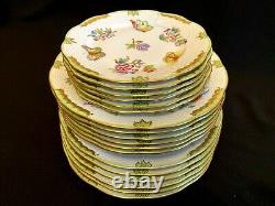 HEREND PORCELAIN HANDPAINTED QUEEN VICTORIA DINNER, SOUP AND DESSERT PLATES18pcs