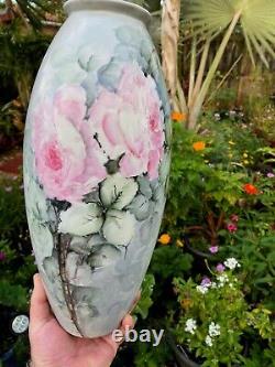 HUGE Limoges Hand Painted Pink Roses Early B&C France 15 Vase Signed FREESHIP