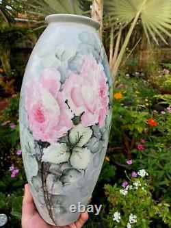 HUGE Limoges Hand Painted Pink Roses Early B&C France 15 Vase Signed FREESHIP