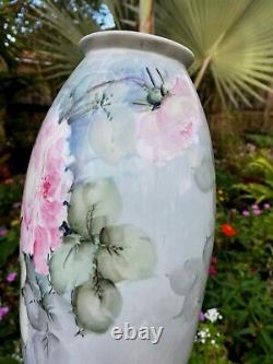 HUGE Limoges Hand Painted Pink Roses Early B&C France 15 Vase Signed FREESHIP