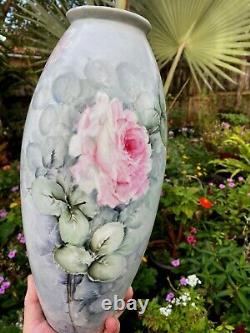 HUGE Limoges Hand Painted Pink Roses Early B&C France 15 Vase Signed FREESHIP