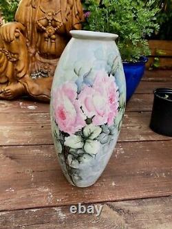 HUGE Limoges Hand Painted Pink Roses Early B&C France 15 Vase Signed FREESHIP