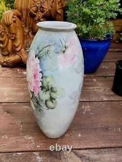 HUGE Limoges Hand Painted Pink Roses Early B&C France 15 Vase Signed FREESHIP