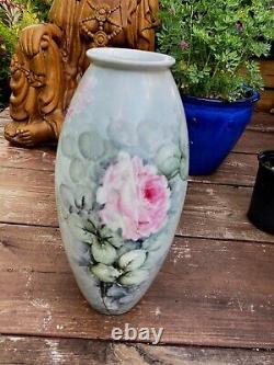 HUGE Limoges Hand Painted Pink Roses Early B&C France 15 Vase Signed FREESHIP