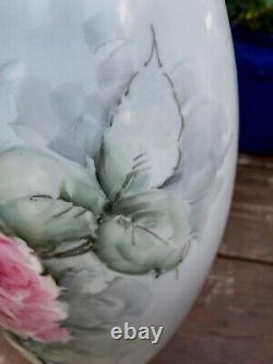 HUGE Limoges Hand Painted Pink Roses Early B&C France 15 Vase Signed FREESHIP