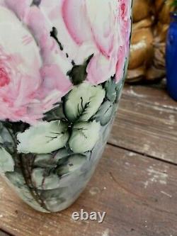 HUGE Limoges Hand Painted Pink Roses Early B&C France 15 Vase Signed FREESHIP