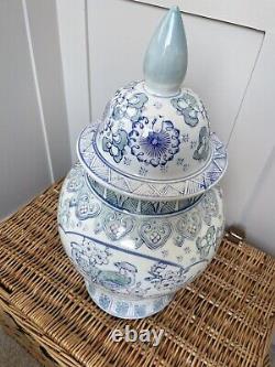 HUGE Porcelain Ginger Jar Famille Rose Chinoiserie Country Home Style Blue White