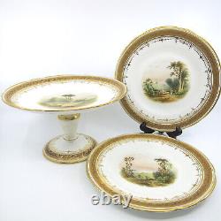 Hand Painted 2 Landscape Scenic Porcelain Plates & Tazza Oak Leaf Acorn Border