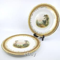 Hand Painted 2 Landscape Scenic Porcelain Plates & Tazza Oak Leaf Acorn Border