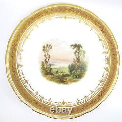 Hand Painted 2 Landscape Scenic Porcelain Plates & Tazza Oak Leaf Acorn Border