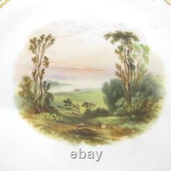 Hand Painted 2 Landscape Scenic Porcelain Plates & Tazza Oak Leaf Acorn Border