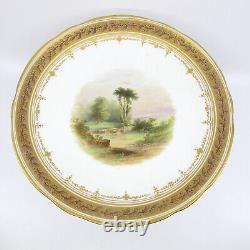 Hand Painted 2 Landscape Scenic Porcelain Plates & Tazza Oak Leaf Acorn Border